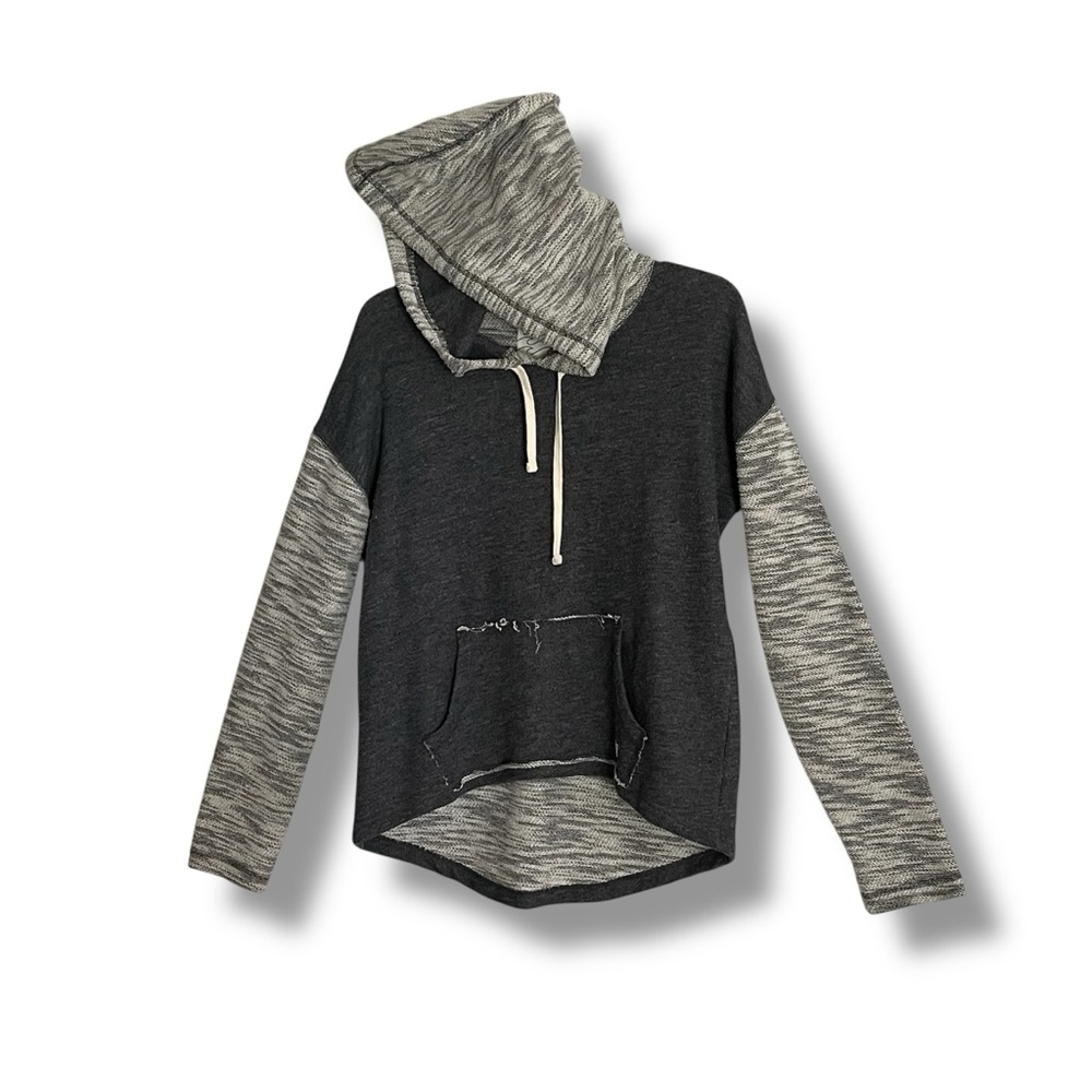 Billabong Charcoal & Grey Hi-Low Raglan Raw-Edge Kangaroo Slub-Knit Hoodie NWT - Picture 8 of 16